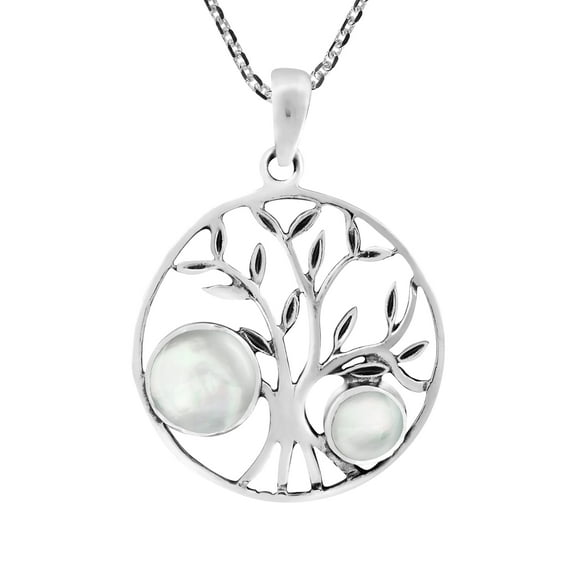 Bountiful Tree of Life White Seashell Sterling Silver Round Pendant Necklace