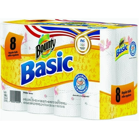 Bounty Basic Paper Towels Regular Roll, Prints, 8 ct