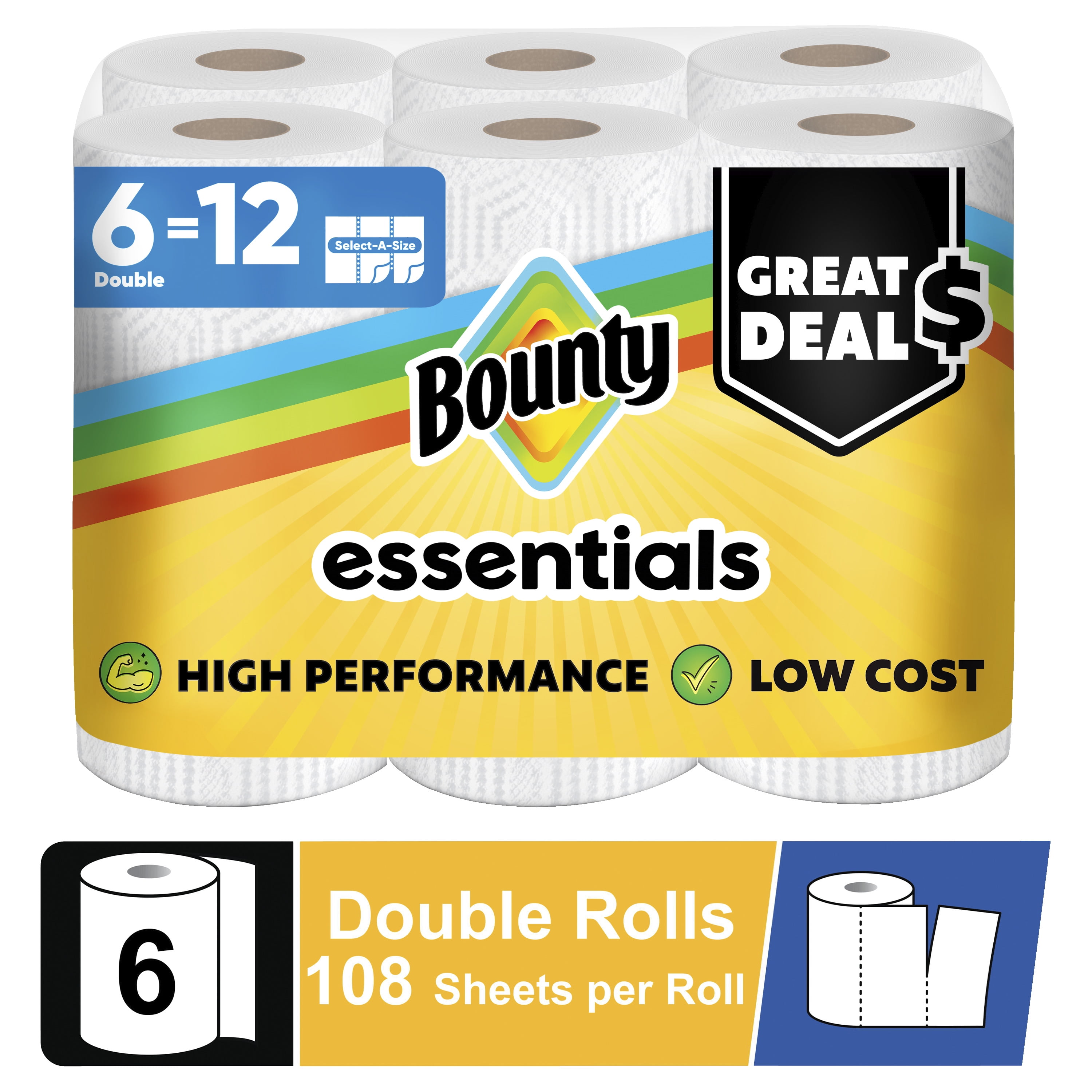Bounty Essentials Select-A-Size Paper Towels, 6 Double Rolls, White, 108 Sheets Per Roll