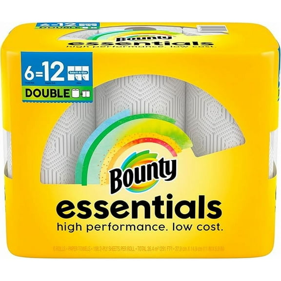 Bounty Essentials Select-A-Size Paper Towels, 6 Double Rolls, White, 108 Sheets Per Roll