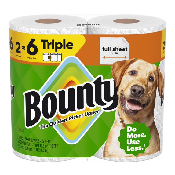 Bounty Full Sheet Paper Towels, White, 2 Triple Rolls = 6 Regular Rolls