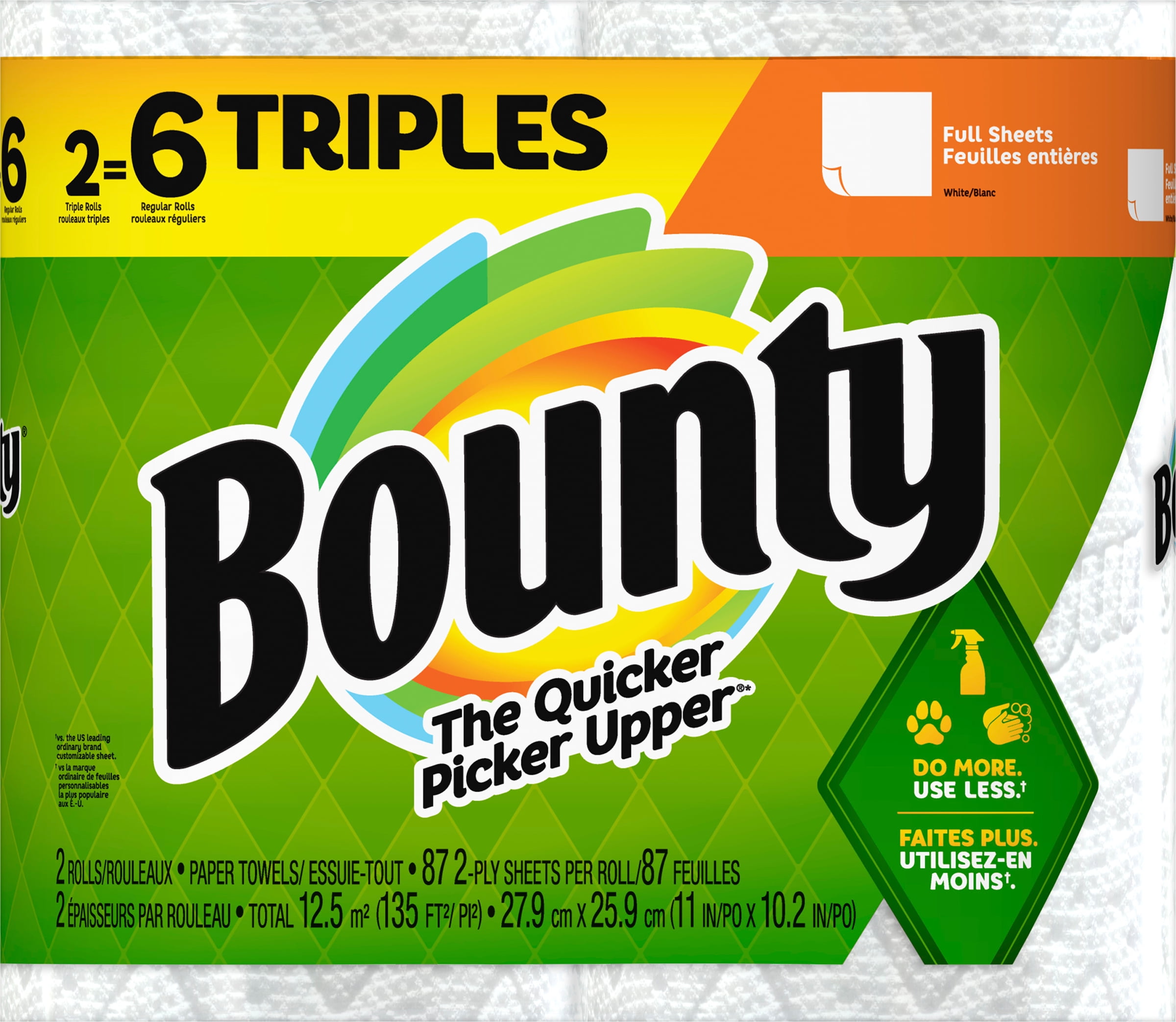 Bounty Full Sheet Paper Towels, White, 2 Triple Rolls - 6 Regular Rolls