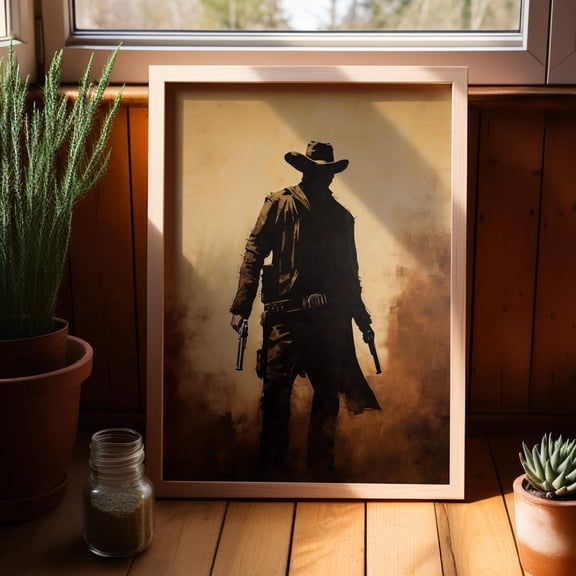 Bounty Hunter Cowboy Silhouette Wall Art, Rustic Western Decor, Unframed Paper Print Size 8x12