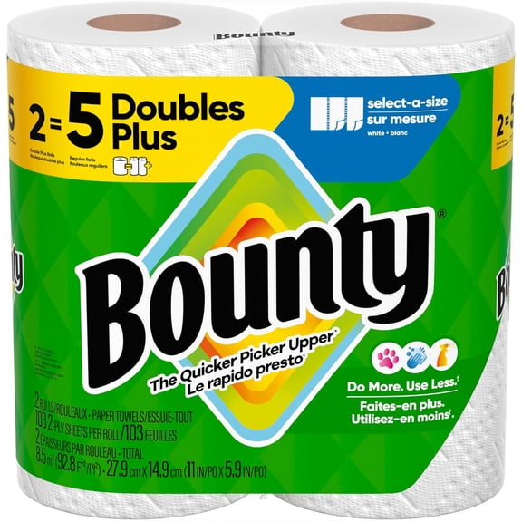 Bounty Paper Towels Select-A-Size, White, 2 Double Plus Rolls = 5 Regular Rolls