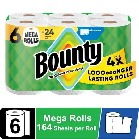 Bounty Paper Towels Select-A-Size White, 6 Mega Rolls, 164 Sheets Per Roll (Pack of 2)