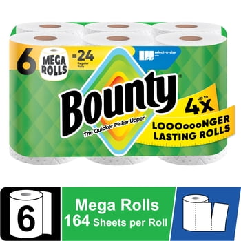 Bounty Paper Towels Select-A-Size White, 6 Mega Rolls, 164 Sheets per Roll