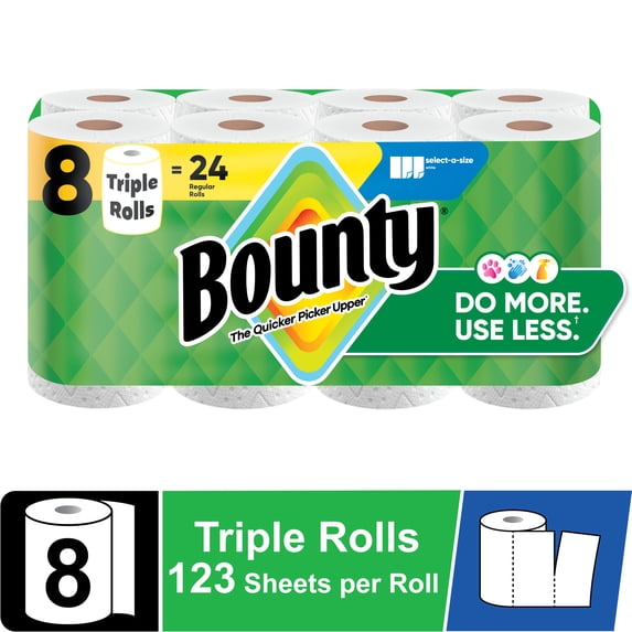 Bounty Paper Towels Select-A-Size White, 8 Triple Rolls, 123 Sheets per Roll