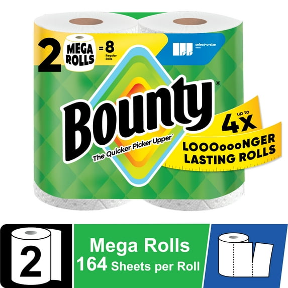 Bounty Paper Towels Select-A-Size White, 2 Mega Rolls, 164 Sheets per Roll
