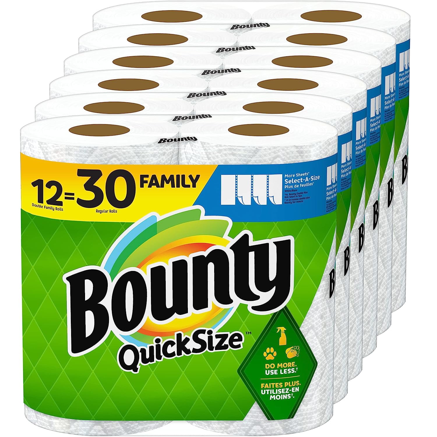 Bounty Quick-Size Paper Towels, White, 12 Family Rolls = 30 Regular Rolls White 12 Count (Pack of 1)