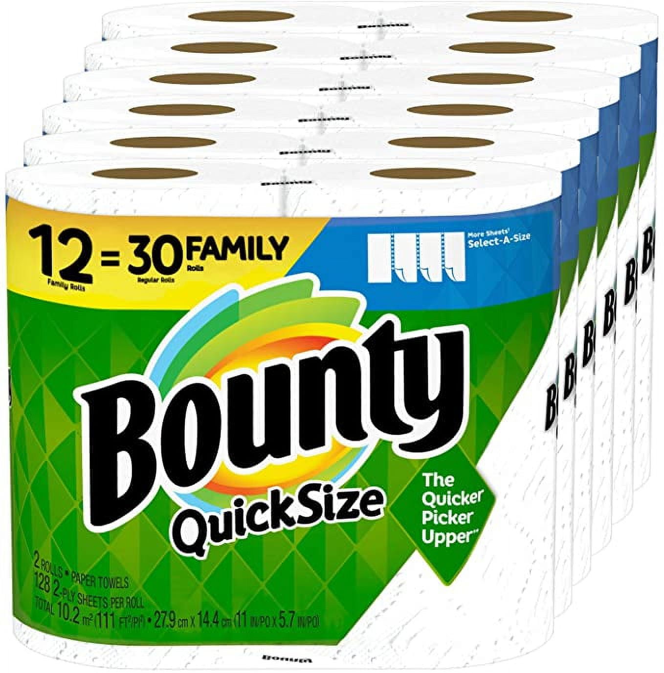 Bounty Quick-Size Paper Towels, White, 12 Family Rolls = 30 Regular Rolls