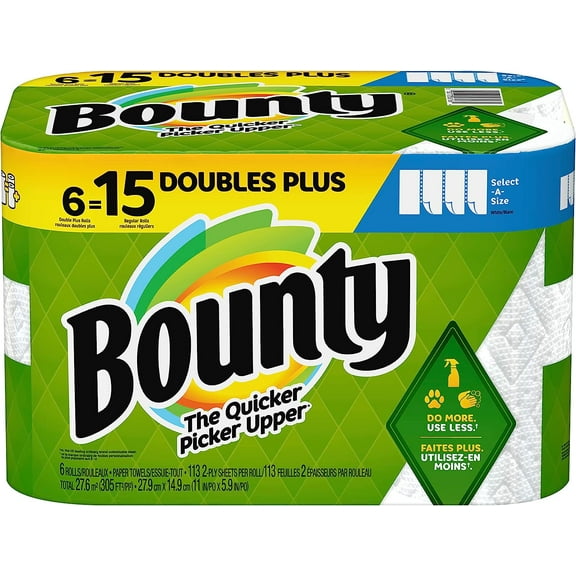 Bounty Select-A-Size Paper Towels, 6 Double Plus Rolls, White, 113 Sheets Per Roll