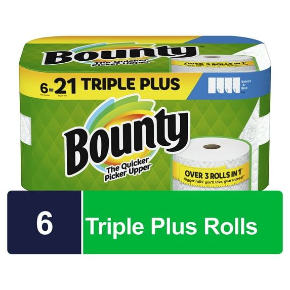 Bounty Select-A-Size Paper Towels, 6 Triple Plus Rolls, White, 158 Sheets Per Roll