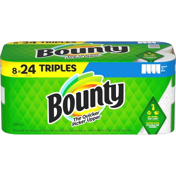 Bounty Select-A-Size Paper Towels, 8 Triple Rolls, White, 135 Sheets Per Roll
