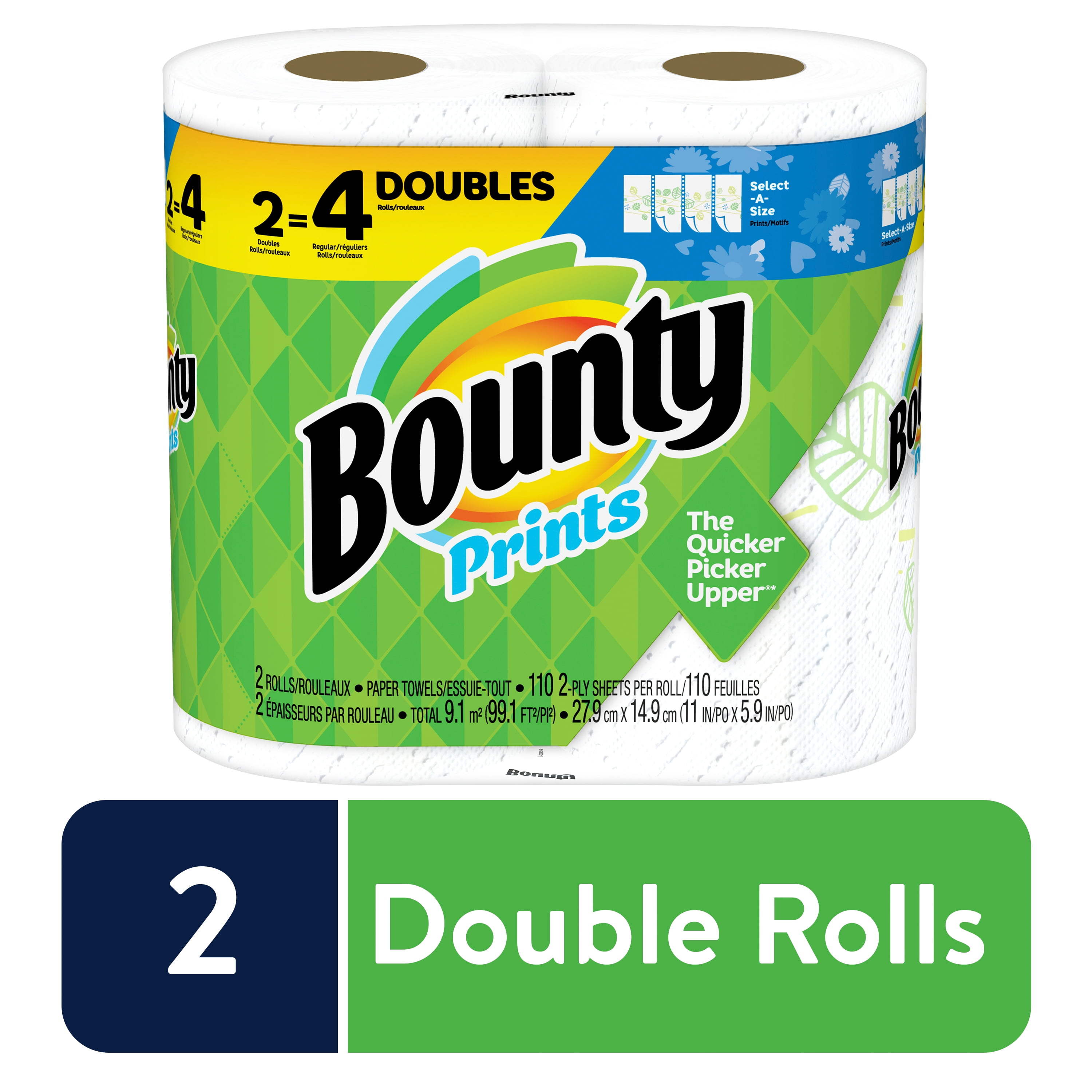 Bounty Select-A-Size Paper Towels, Print, 2 Double Rolls = 4 Regular Rolls