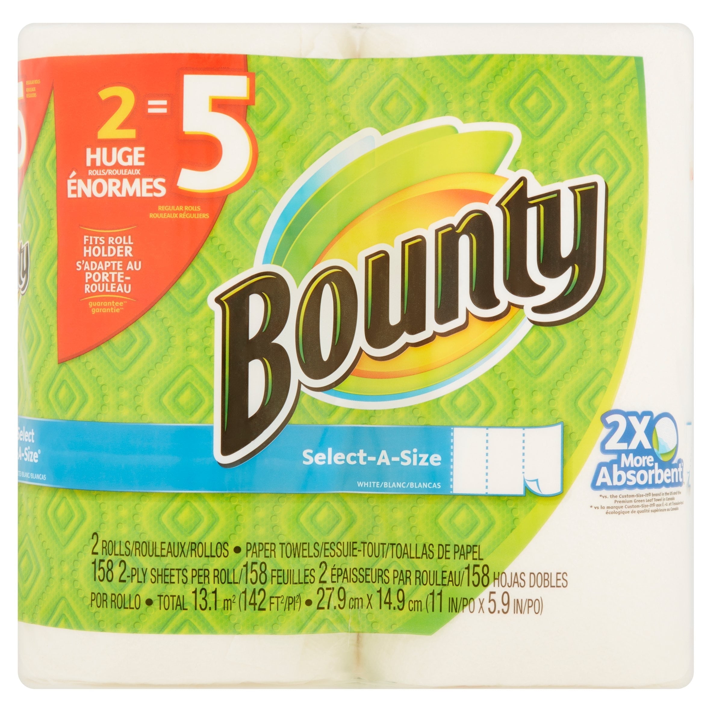Bounty Big Pack Select-A-Size Paper Towels, White, 2 Huge Rolls \u003d 5 Regular  Rolls - Walmart Business Supplies, image size:2365x2365