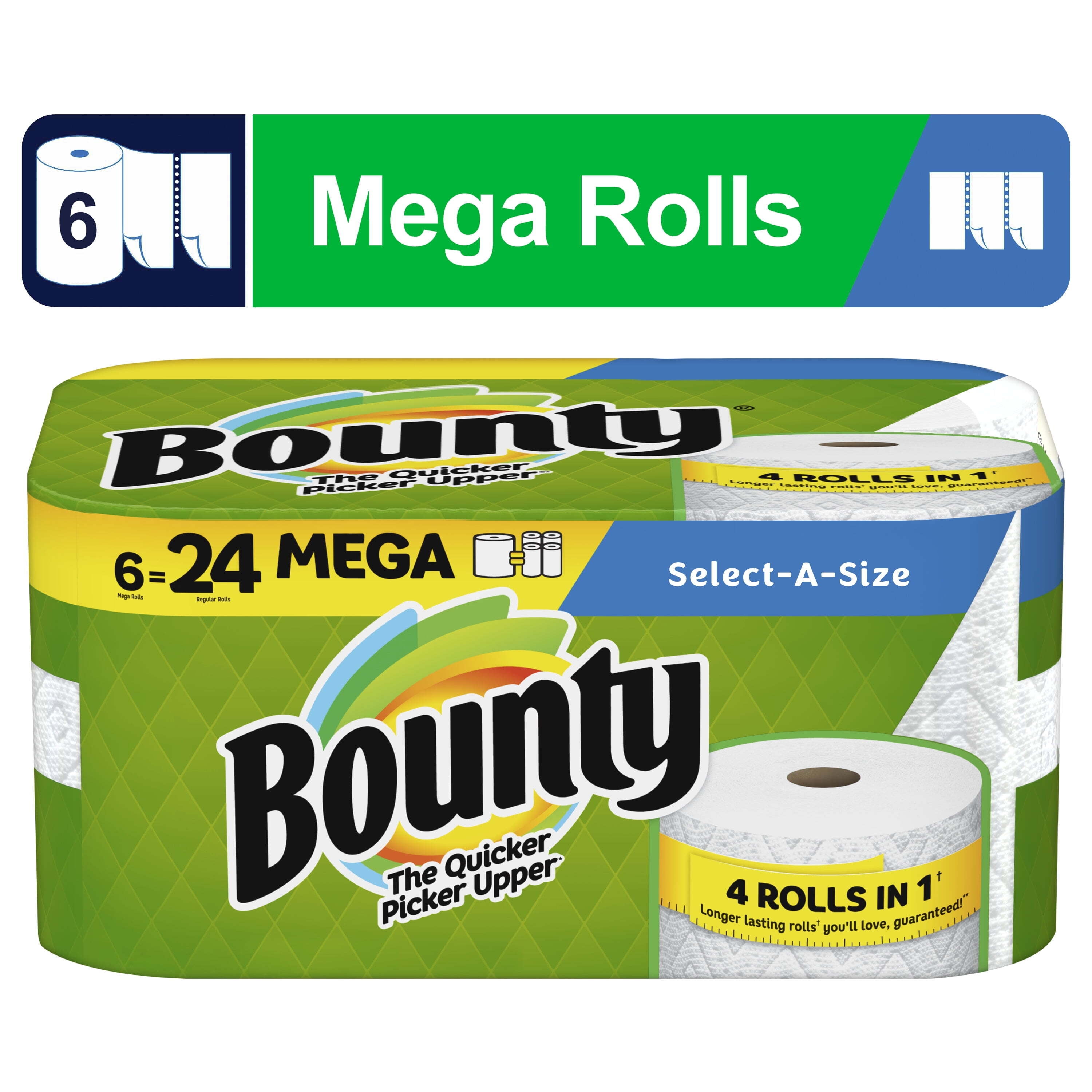Bounty Select a Size Paper Towels 6 Mega Rolls White 2x More Absorbent Quick Picker Upper Walmart