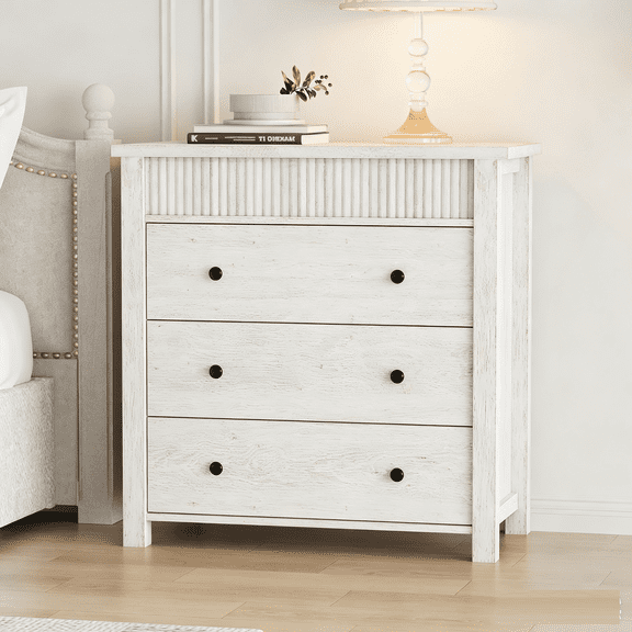 Boupower 3 Drawer Nightstand, 31.5 Inch Wood Dresser Chest with Fluted Panel,Bedroom Storage Cabinet for Living Room`