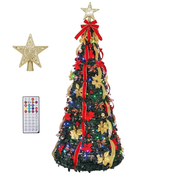 Boupower 7 FT Pop Up Christmas Tree with 200 LED Lights, Santa Projection Star Topper, 32 Modes Remote, Fully Decorated, Collapsible Christmas Decor