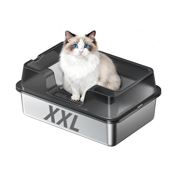 Boupower Extra Large XXL Stainless Steel Cat Litter Box with Lid, High Sided Enclosed Tray, Non-Stick, Leak-Proof, Odor Control, Easy Clean, Ideal for Big & Multi Cats, 60x40x27cm