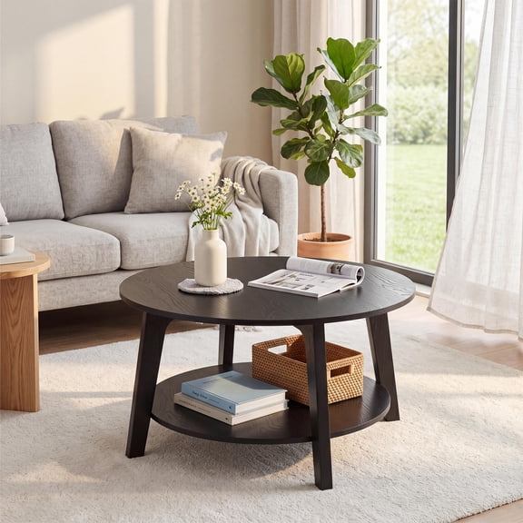 Boupower Modern 2-Tier Round Coffee Table with Storage, 31.5" Living Room Center Table - Open Shelf - Curved Legs - Space-Saving Engineered Wood Accent Cocktail Table for Apartment/Office - Black