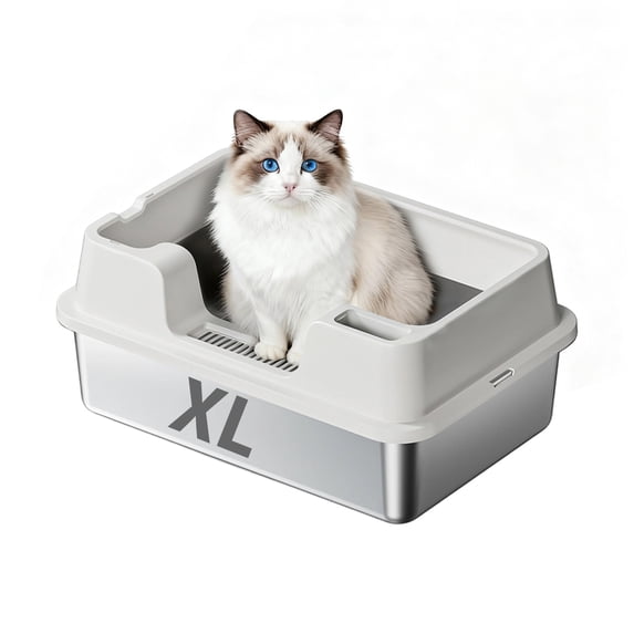 Boupower XL Stainless Steel Cat Litter Box, Extra Large Enclosed High Sided Tray for Big Cats, Leak-Proof, Odor-Free, Non-Stick, Easy Clean, Turn Over Lid, Includes Scoop, 60x40x22cm