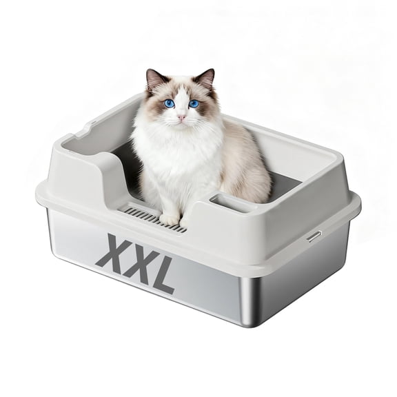 Boupower XXL Stainless Steel Cat Litter Box, Extra Large Enclosed Litter Tray with High Sides, Non-Stick, Leak-Proof, Odor-Free, Easy Clean, Includes Scoop, For Large & Multi-Cat Homes, 60x40x27cm