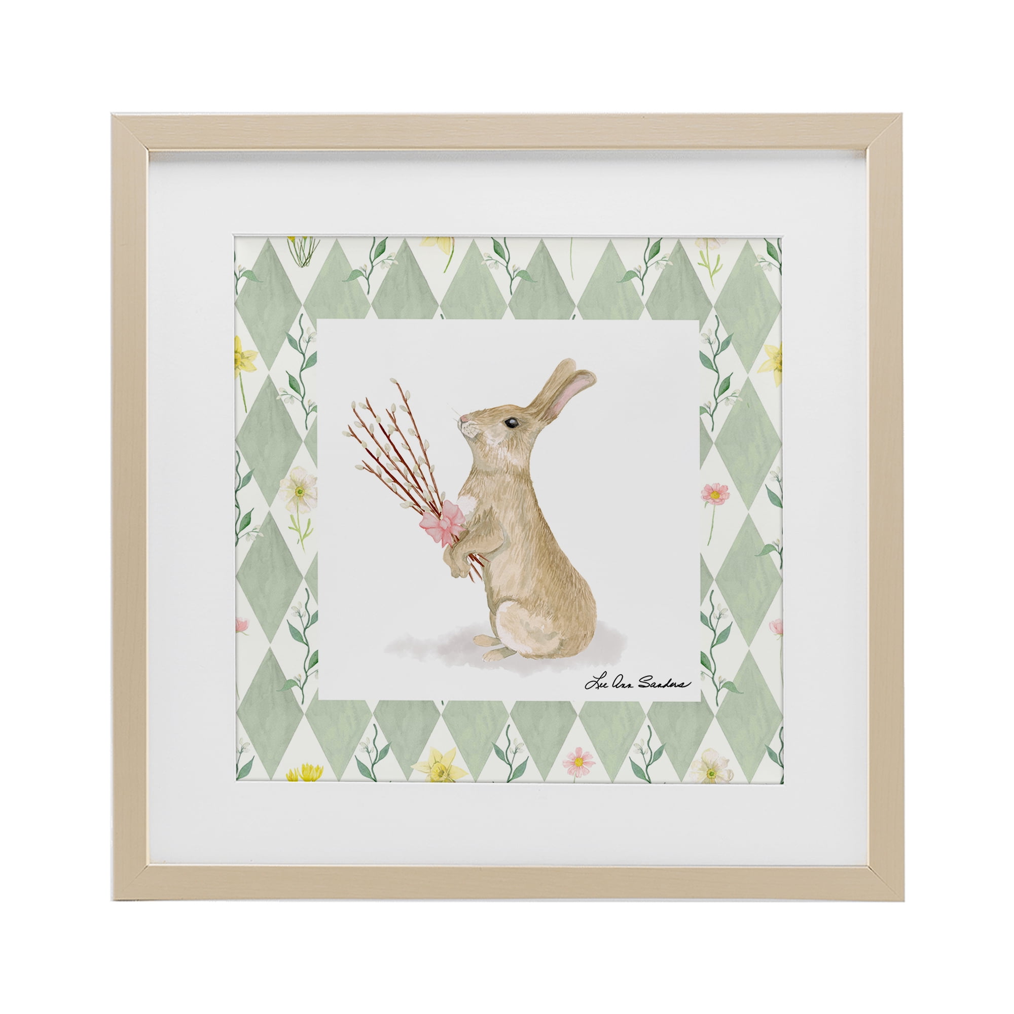 Bouquet Bunny on Green Argyle Birch Framed Print Under Glass, design by Lee Ann Sanders