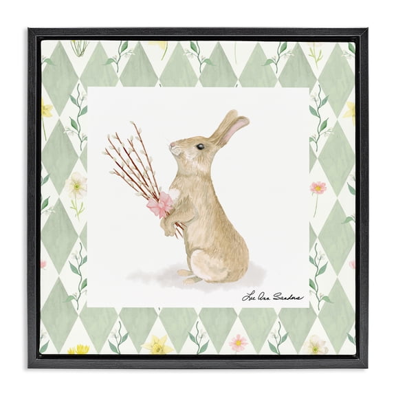Bouquet Bunny on Green Argyle Black Framed Floater Canvas Wall Art, design by Lee Ann Sanders