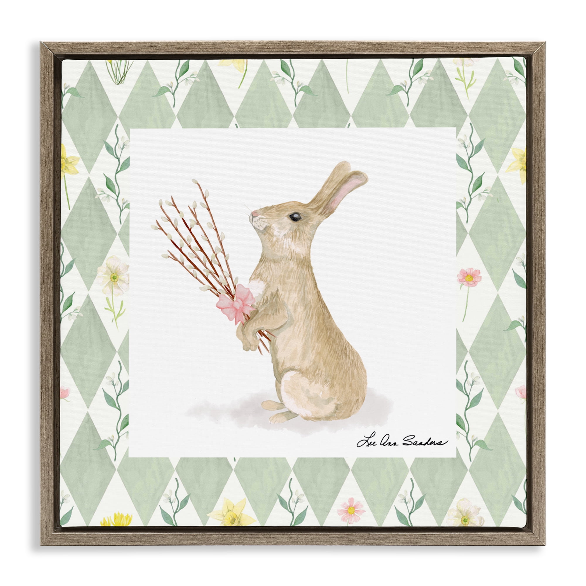 Bouquet Bunny on Green Argyle Brown Framed Floater Canvas Wall Art, design by Lee Ann Sanders