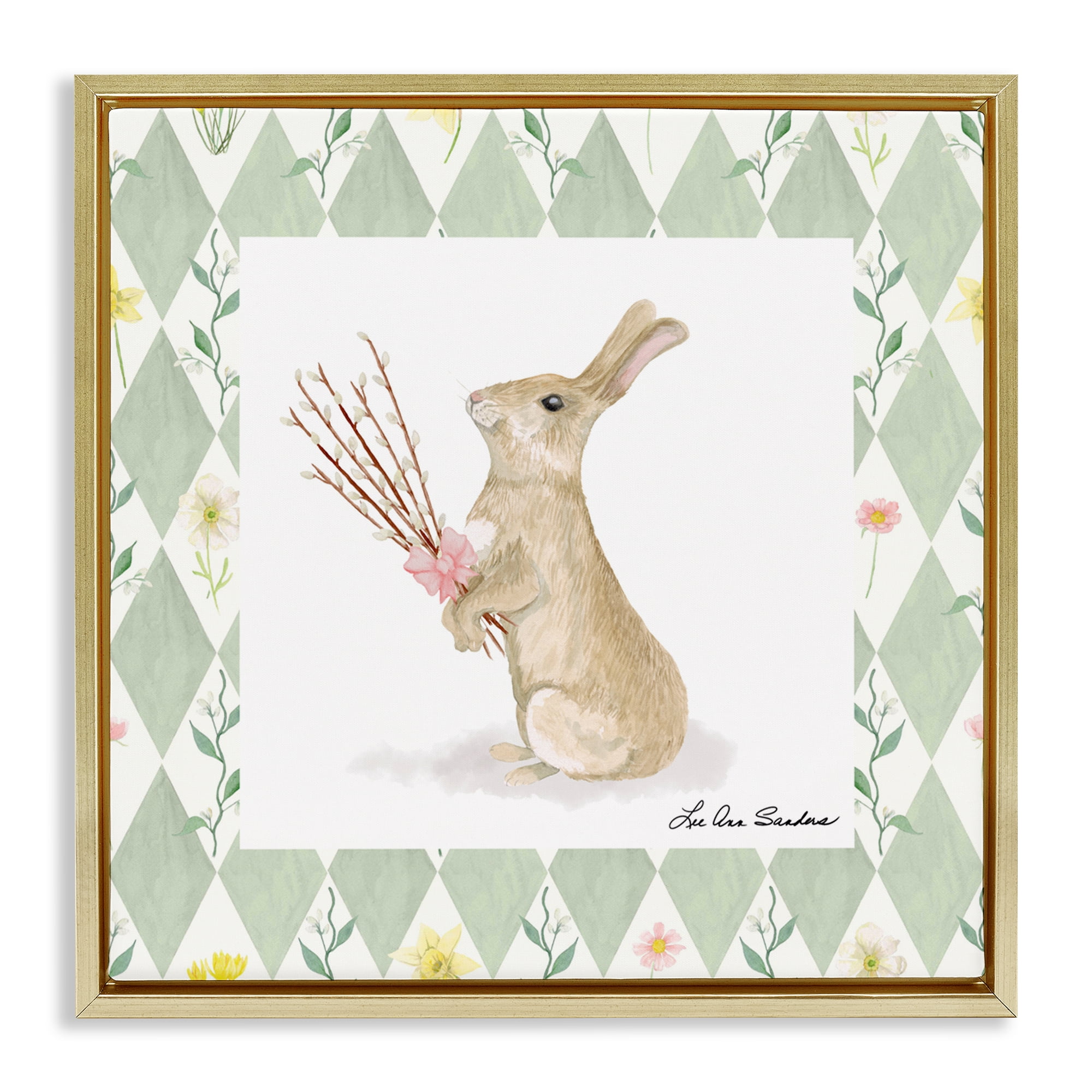 Bouquet Bunny on Green Argyle Gold Framed Floater Canvas Wall Art, design by Lee Ann Sanders