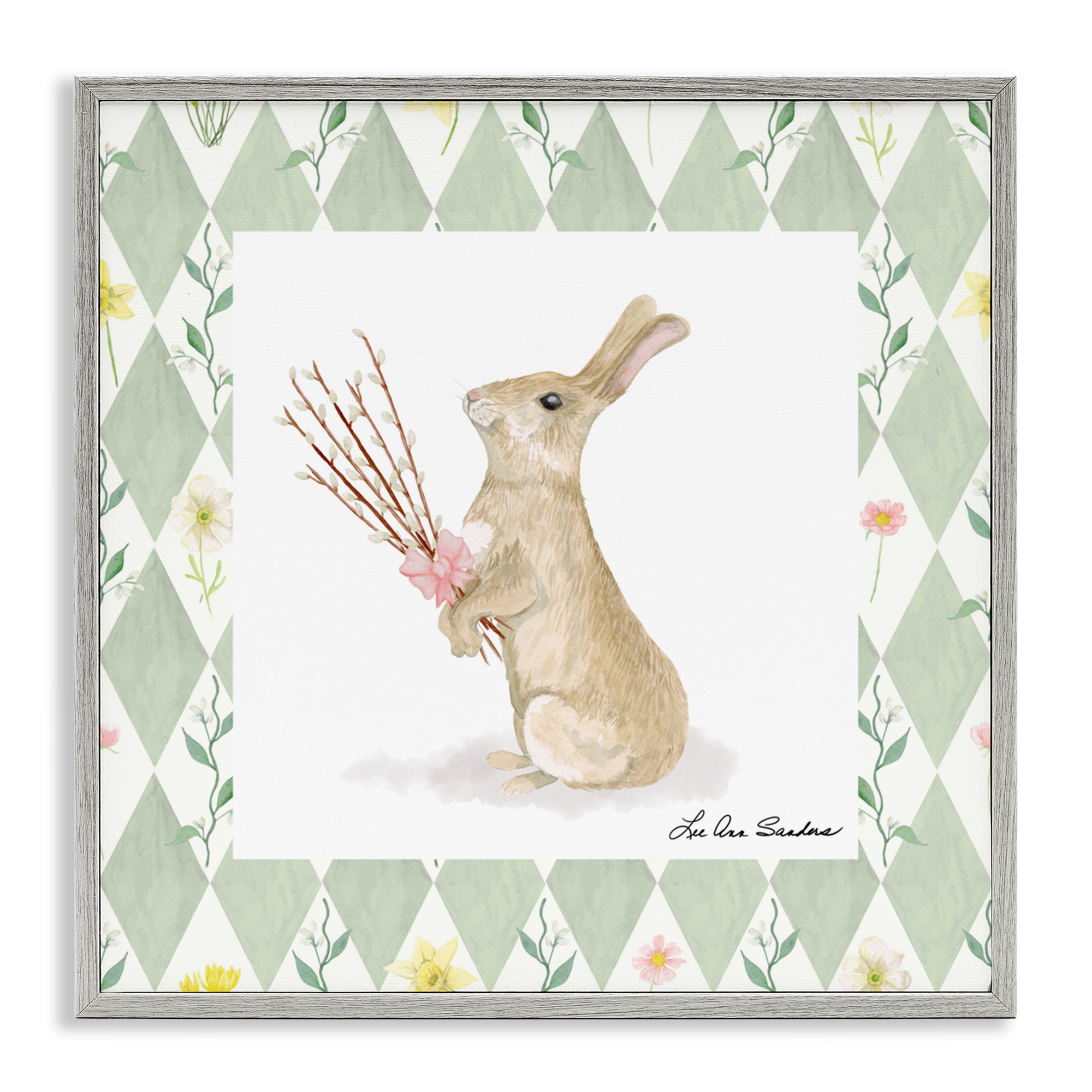 Bouquet Bunny on Green Argyle Gray Framed Giclee Art, design by Lee Ann Sanders