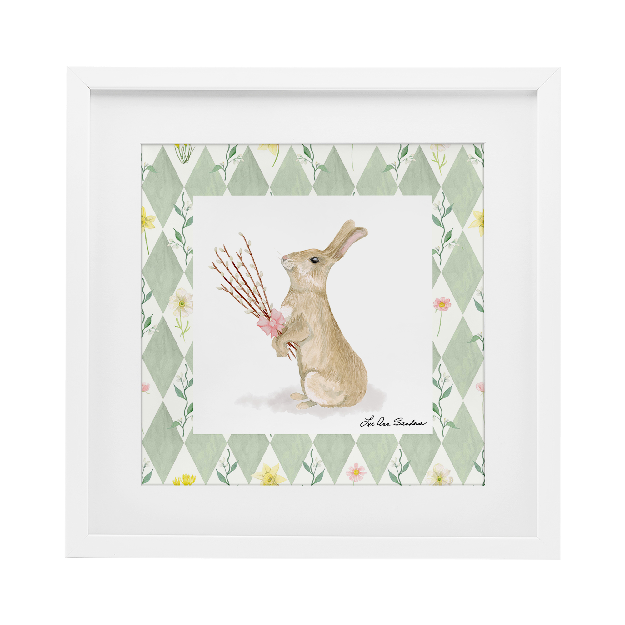 Bouquet Bunny on Green Argyle White Framed Print Under Glass, design by Lee Ann Sanders