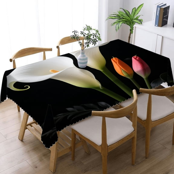Bouquet Calla Lily Flower Tablecloths for dining table with Lace Trim, - Machine-Made Rectangular Tablecloth, Cafe, dinner, picnic