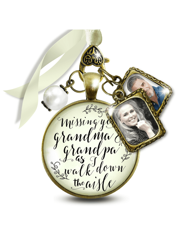 Wedding Bouquet Memorial Charm for Bride Missing You Grandma and Grandpa As I Walk Down the Aisle Bronze Cream Pendant Photo Frame 2 Frames