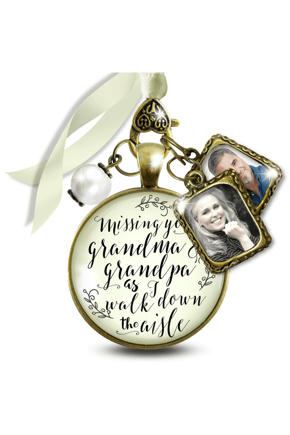 Wedding Bouquet Memorial Charm for Bride Missing You Grandma and Grandpa As I Walk Down the Aisle Bronze Cream Pendant Photo Frame 2 Frames
