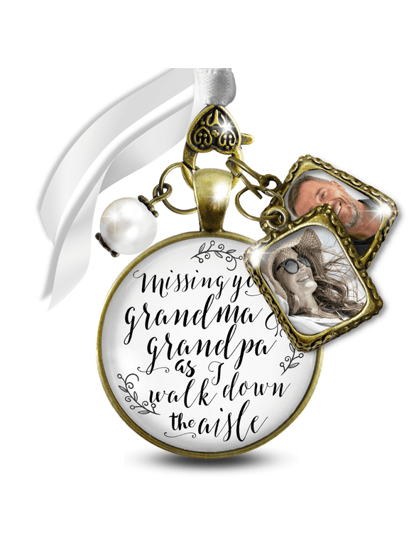 Wedding Bouquet Charm Missing You Grandma and Grandpa As I Walk Down the Aisle Bronze White Pendant Multi Photo Frame 2 Frames
