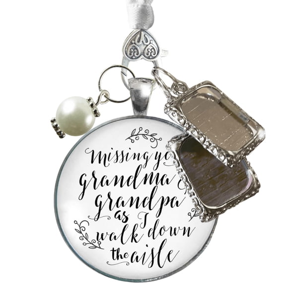 Bouquet Charm Bridal Memorial Missing Grandma Grandpa Wed Day White Silver 2 Frames