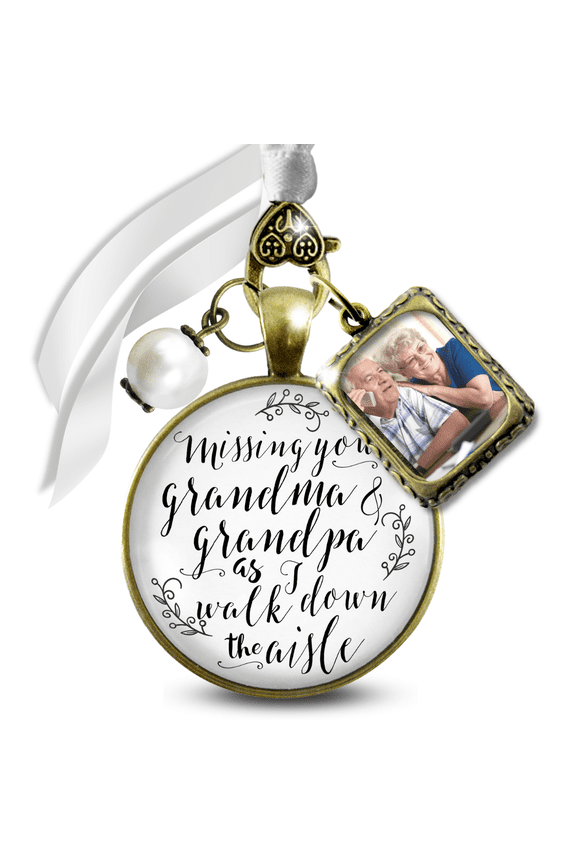 Memorial Wedding Bouquet Charm for Bride Missing You Grandma and Grandpa As I Walk Down the Aisle Bronze White Pendant Photo Frame