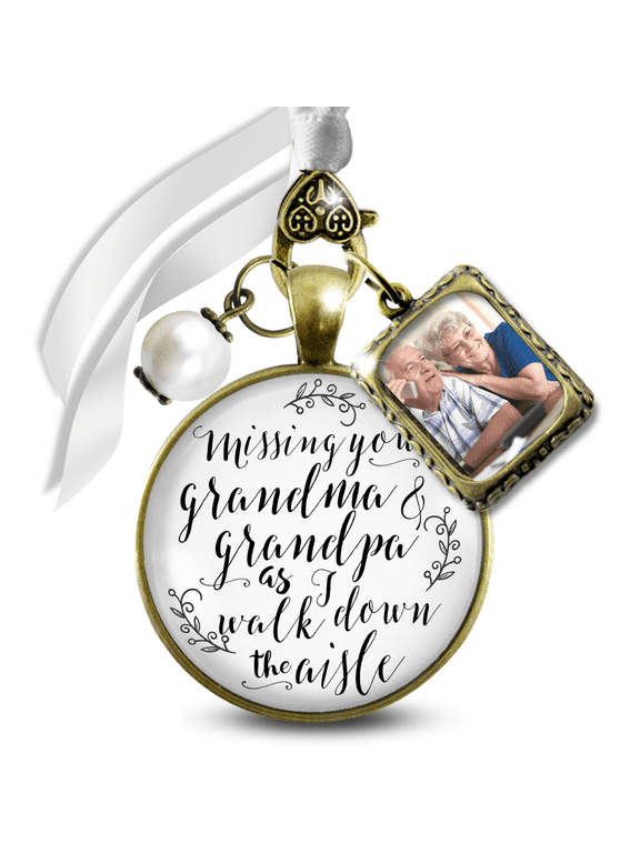 Memorial Wedding Bouquet Charm for Bride Missing You Grandma and Grandpa As I Walk Down the Aisle Bronze White Pendant Photo Frame