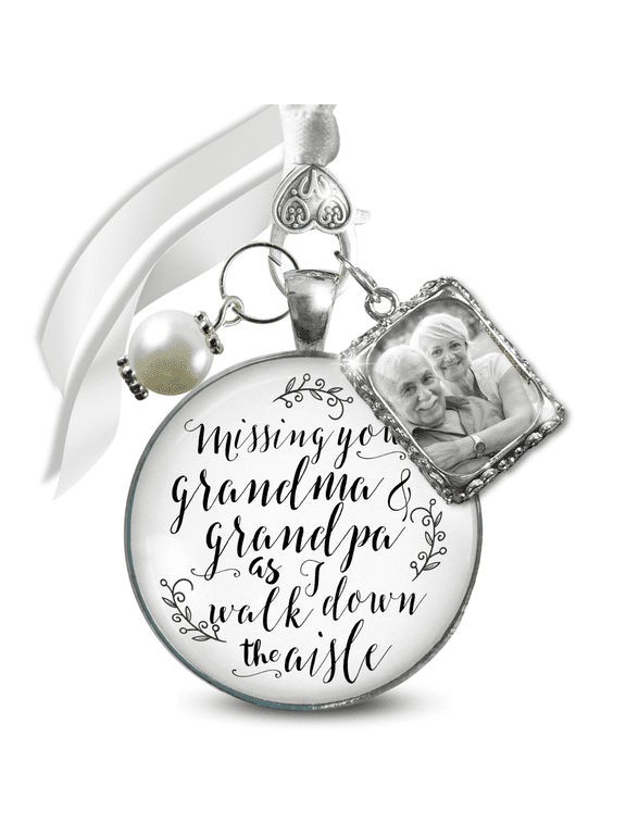 Bridal Memorial Bouquet Charm Missing You Grandma and Grandpa As I Walk Down the Aisle Silver White Pendant Photo Frame