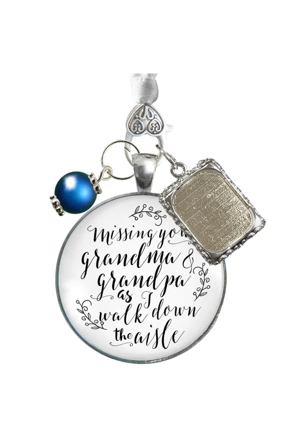 Bouquet Charm Missing Grandma Grandpa Wedding Memorial White Silvertone Blue Frame