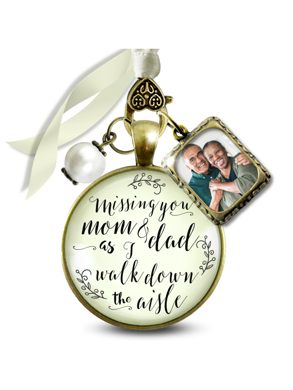 Memorial Wedding Bouquet Charm for Bride Missing You Mom and Dad As I Walk Down the Aisle Bronze Cream Pendant Photo Frame