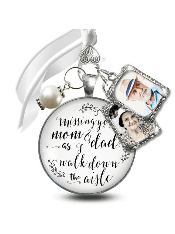Bouquet Memorial Charm for Bride Missing You Mom and Dad As I Walk Down the Aisle Silver White Pendant Multi Photo Frame 2 Frames