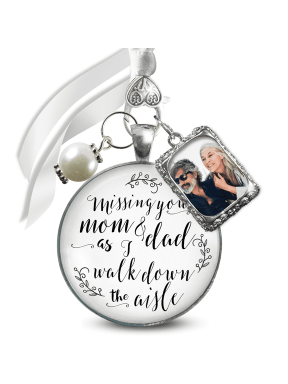 Wedding Memorial Bouquet Charm Missing You Mom and Dad As I Walk Down the Aisle Silver White Pendant Photo Frame