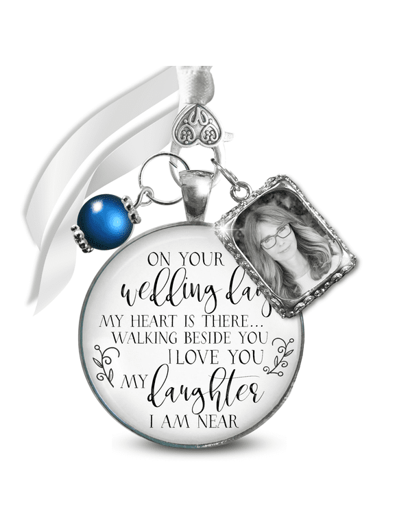 Bouquet Charm on Your Wedding Day Mom Dad White Silvertone Blue Memorial Photo Frame