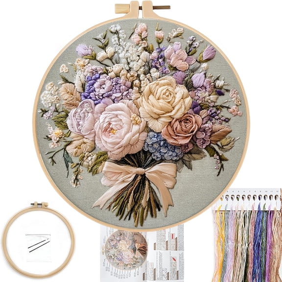 Bouquet Flowers Embroidery Kit for Beginners, Pre-Stamped Pattern Kits for Adults with Hoop, Easy to Follow Color Thread Needlework, 8'' Hoop (Timeless Elegance)