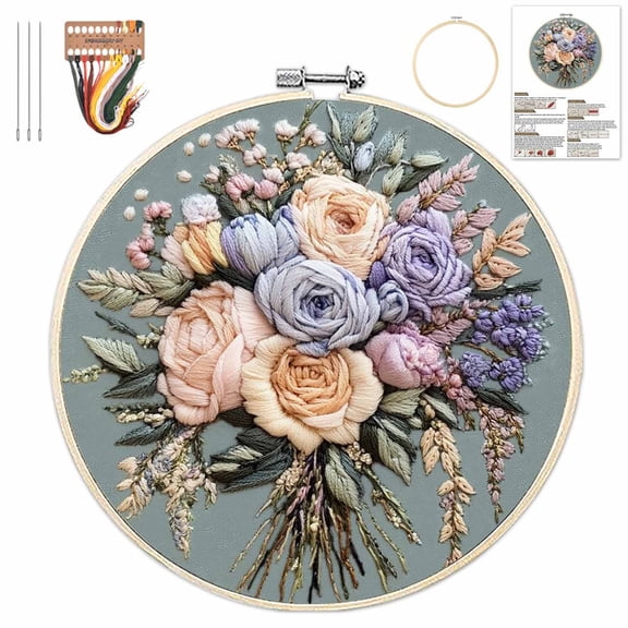 Bouquet Flowers Embroidery Kit for Beginners, Pre-Stamped Pattern Kits for Adults with Hoop, Easy to Follow Color Thread Needlework, 8'' Hoop for Wall Art, Home Decor (A)