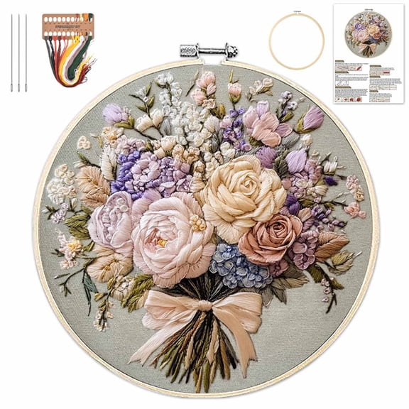 Bouquet Flowers Embroidery Kit for Beginners, Pre-Stamped Pattern Kits for Adults with Hoop, Easy to Follow Color Thread Needlework, 8'' Hoop for Wall Art, Home Decor (D)