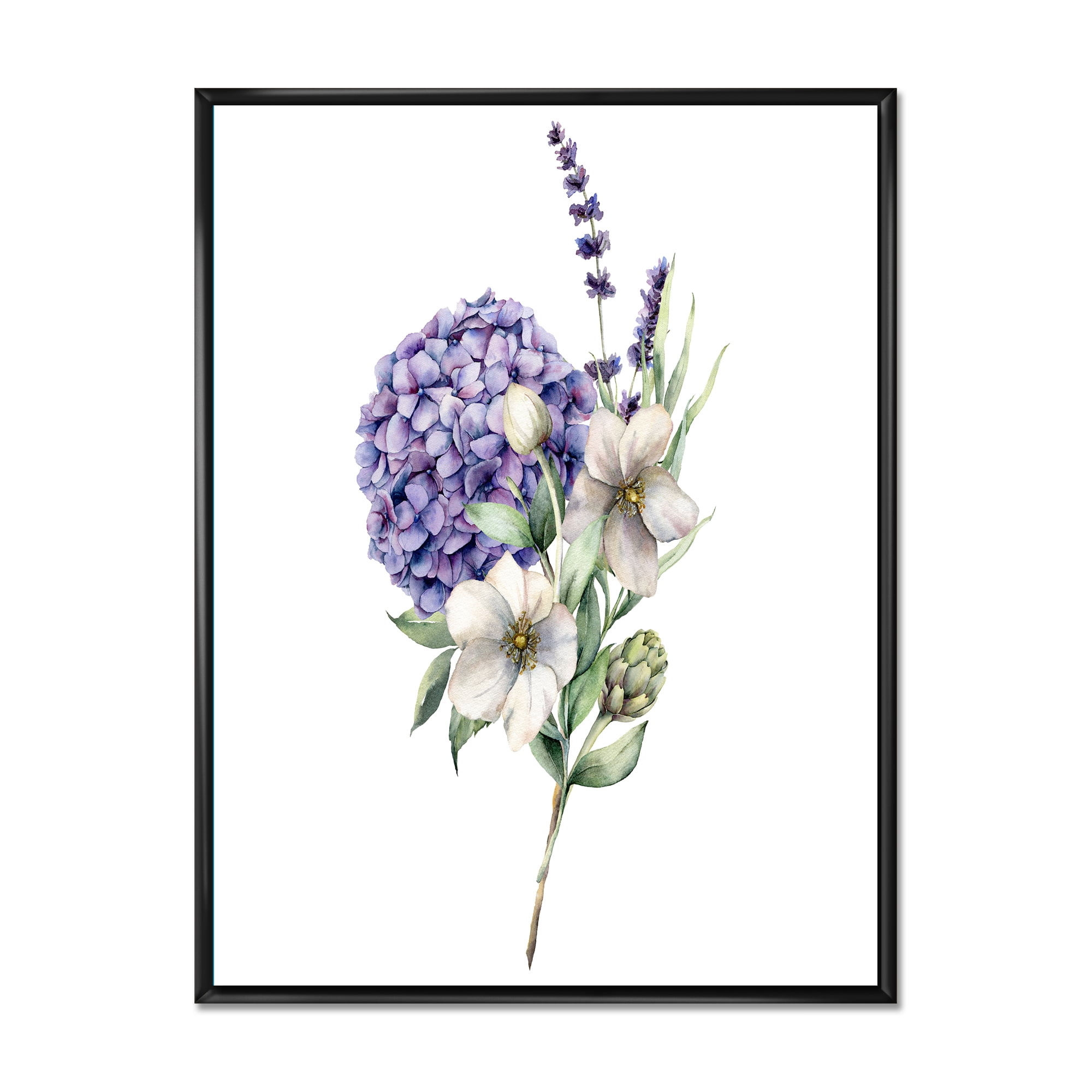 Bouquet Of Lavender Anemone Artichoke & Hydrangea 24 in x 32 in Framed Painting Canvas Art Print, by Designart