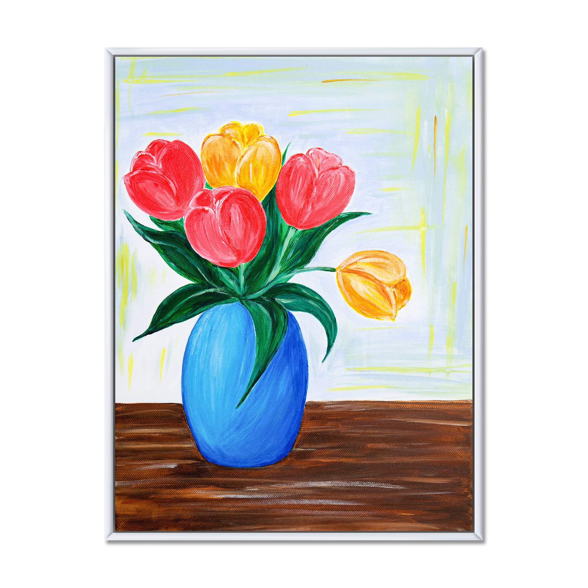 Bouquet Of Orange and Red Tulips In A Vase 12 in x 20 in Framed Painting Canvas Art Print, by Designart